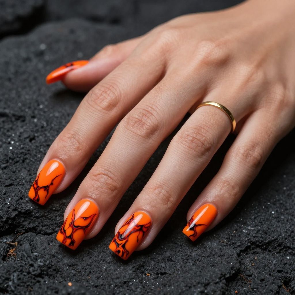 Lava marble orange long square nails