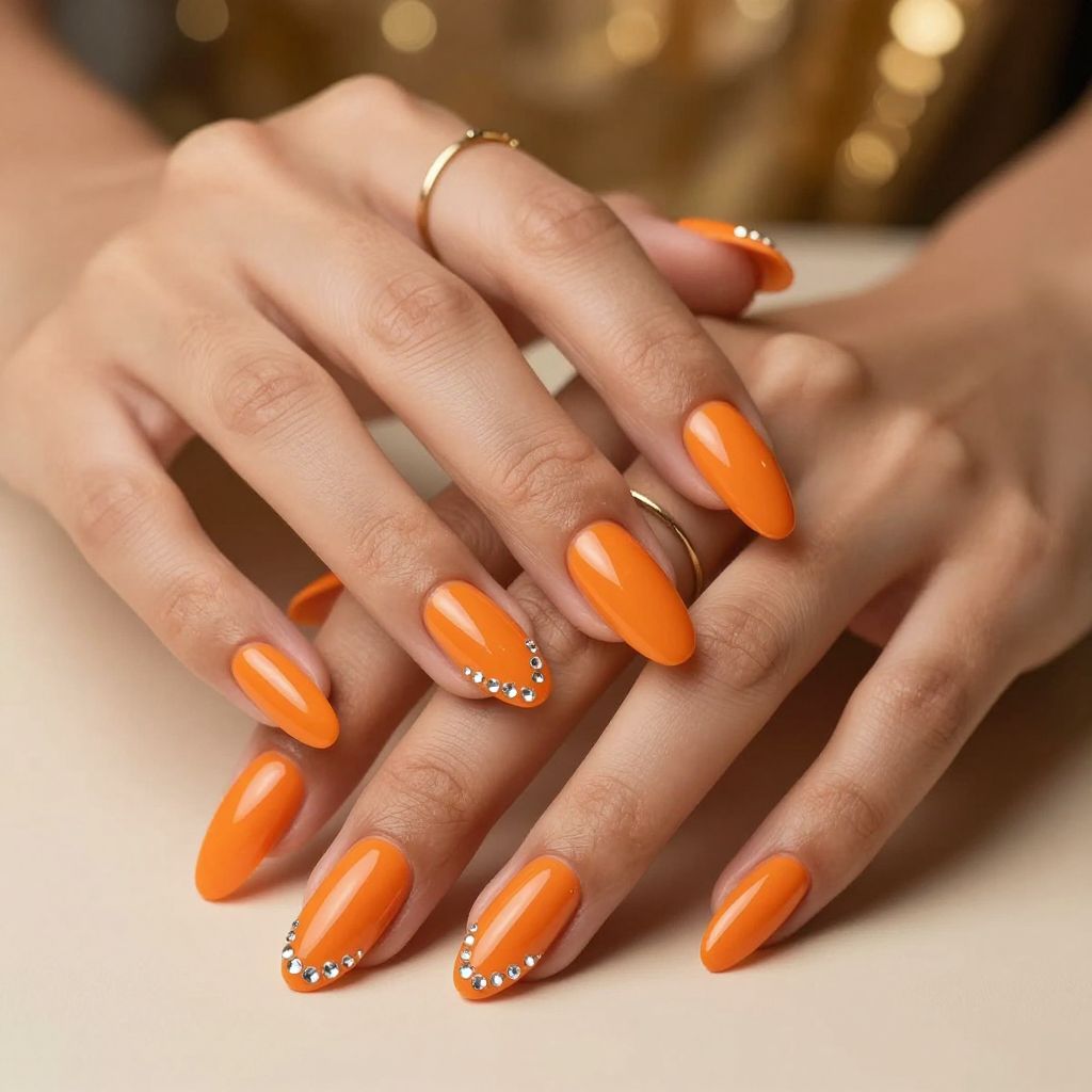 Bright mandarin orange nails with rhinestones