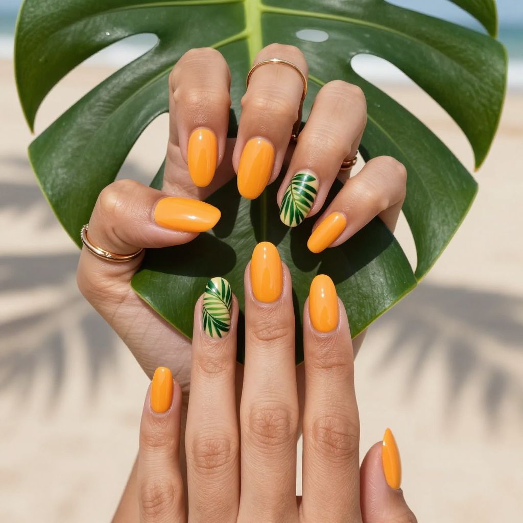 Mango orange nails with green palm leaf art