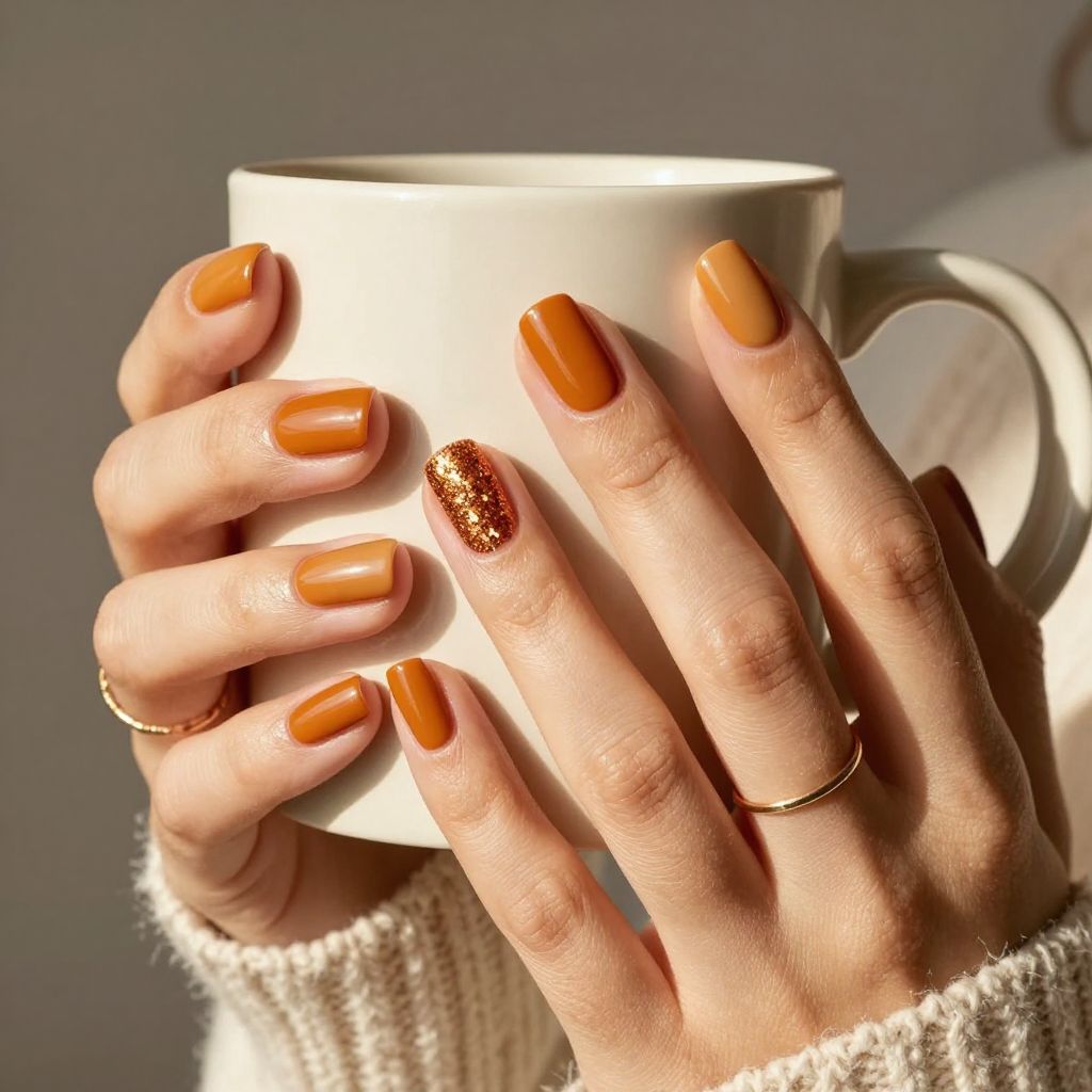 Pumpkin orange nails with copper glitter accent