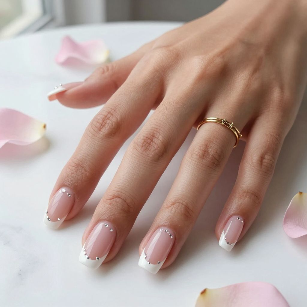 Glossy Pink French Tips with Rhinestone Accents