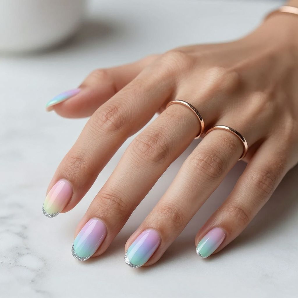 Pastel Rainbow Ombre with Glitter Tips