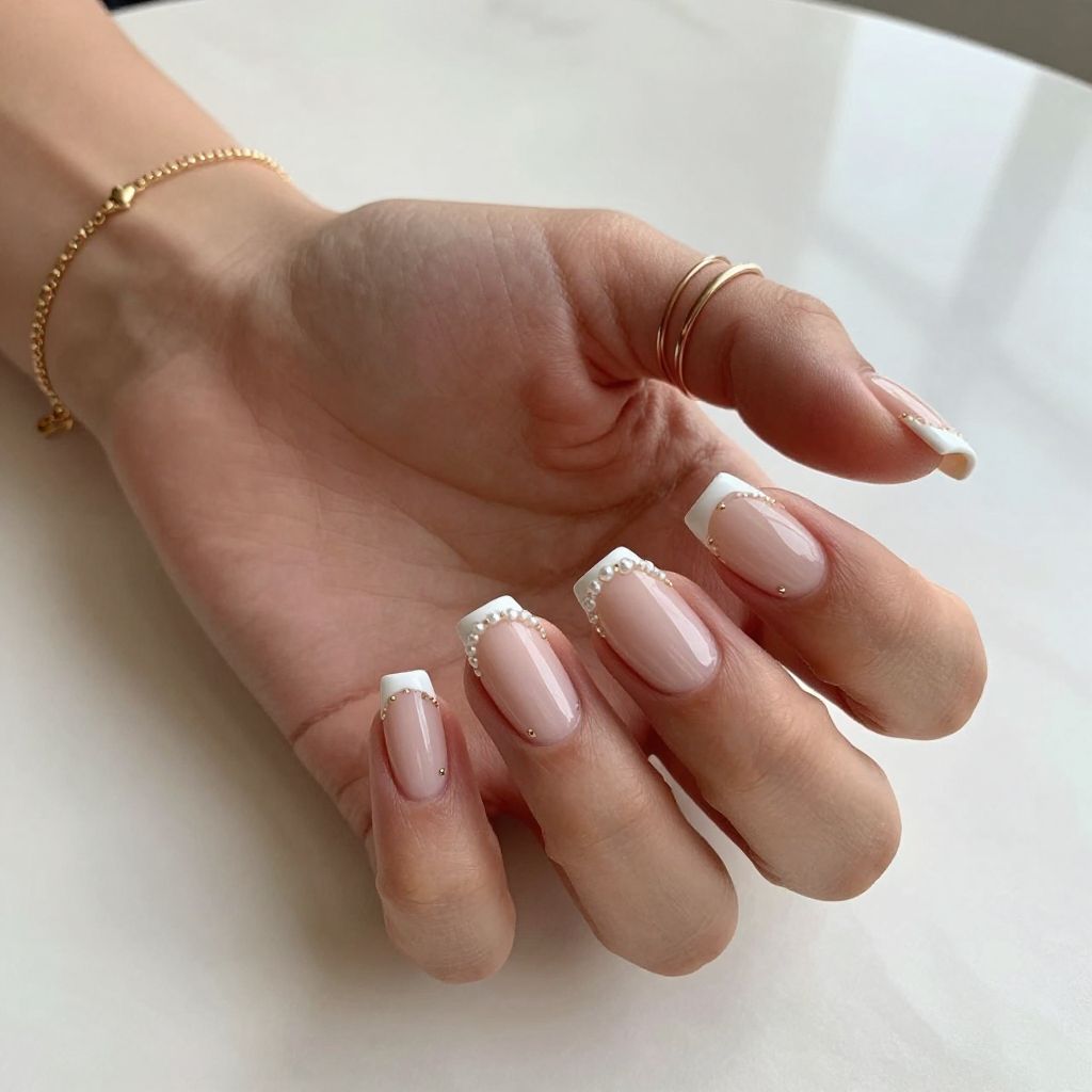White French Tips with Micro Jeweled Band