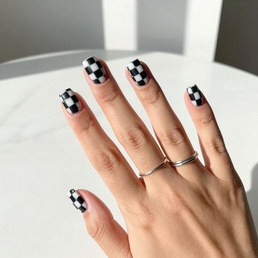 Matte Black and White Checkerboard with Metallic Accents