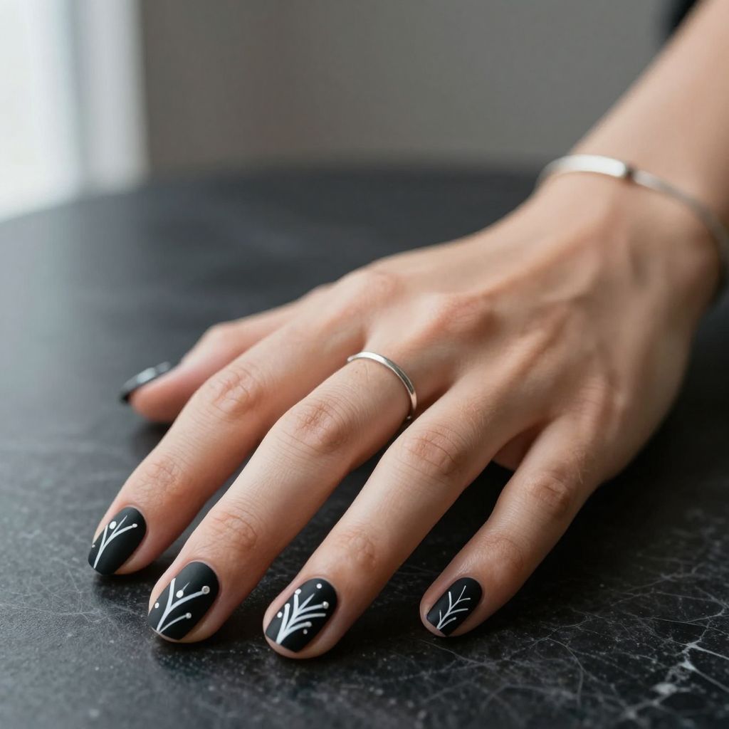 Matte Black Nails with White Tribal Designs