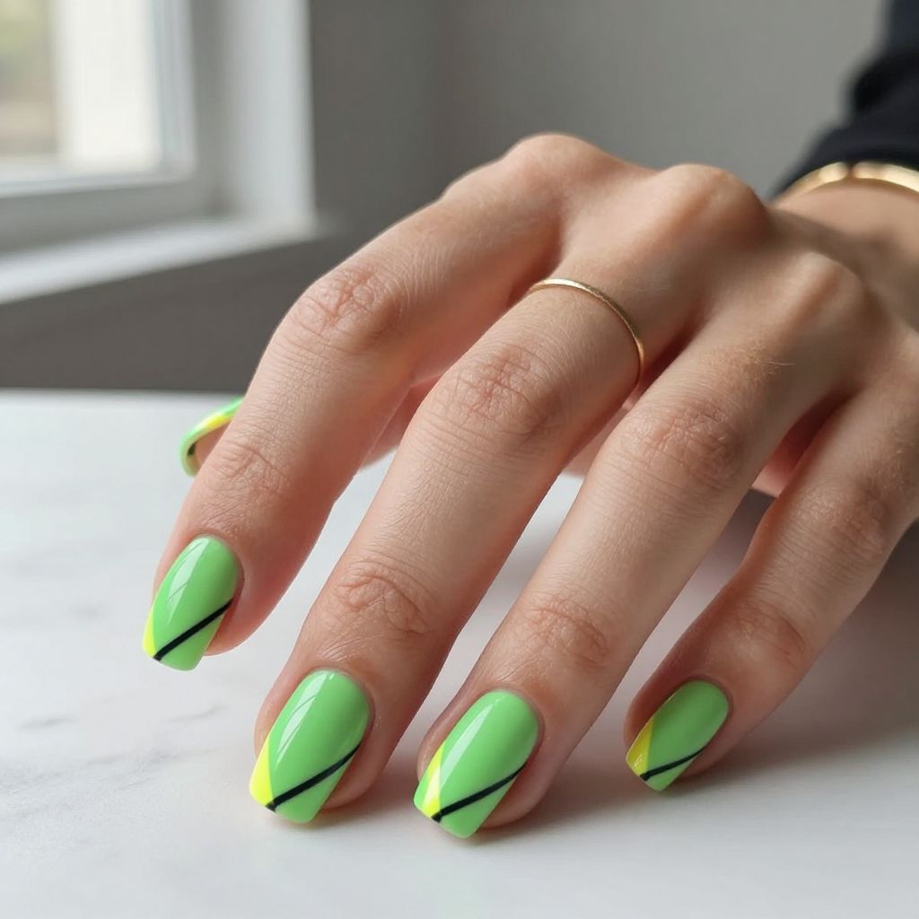Neon Green and Yellow Nails with Black Striping