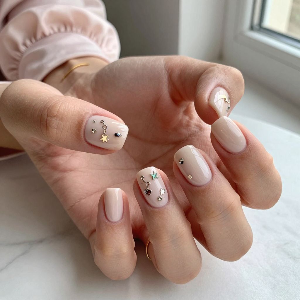 Nude Base with Tiny Charm Nails