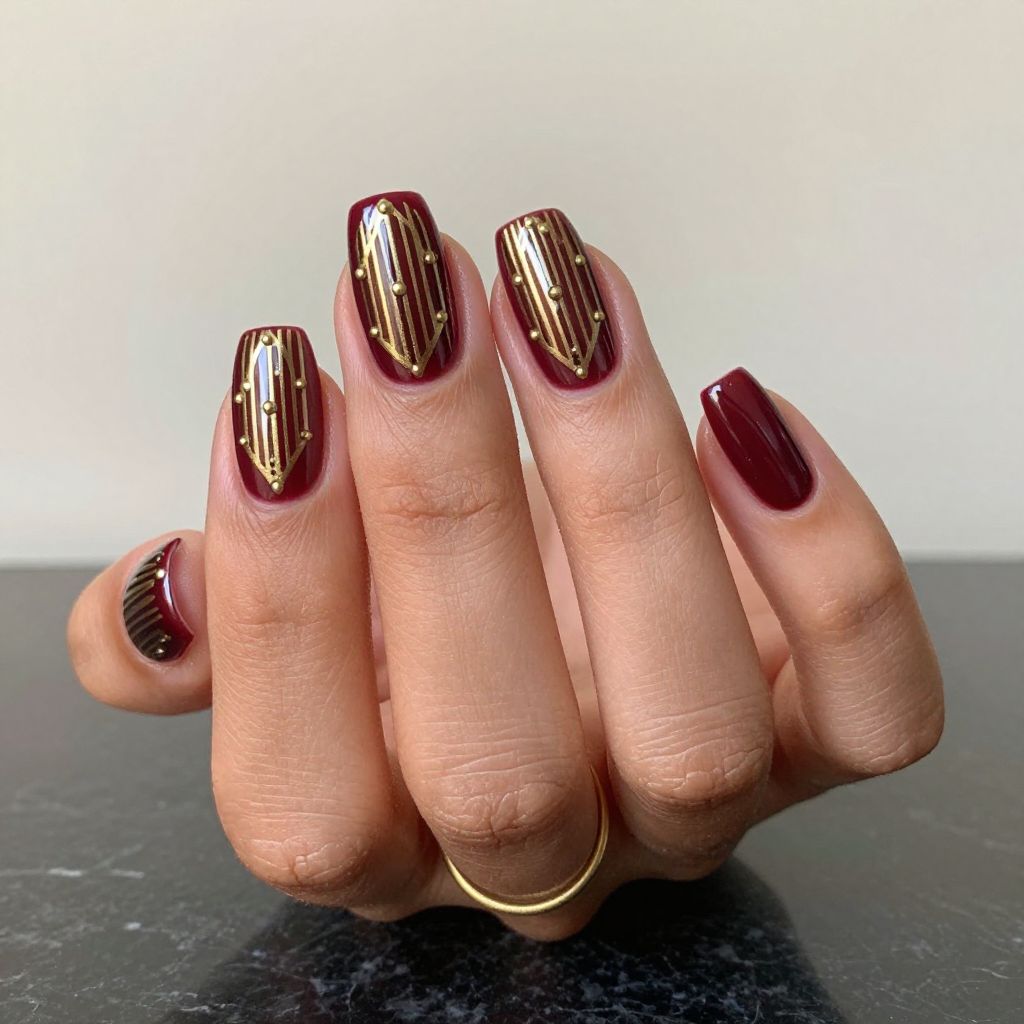 Burgundy and Gold Geometric Art Deco Nails