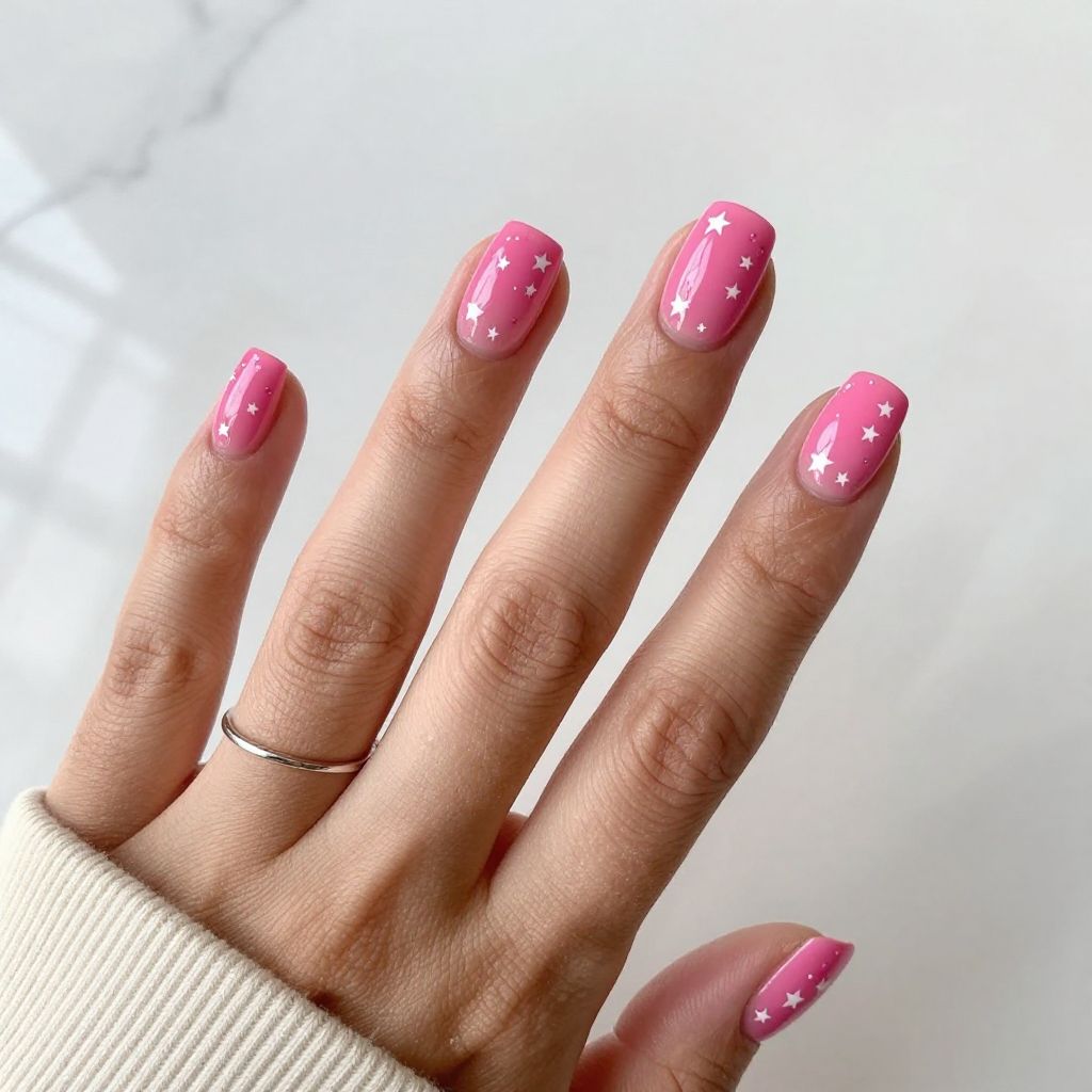 Hot Pink Nails with Tiny White Stars