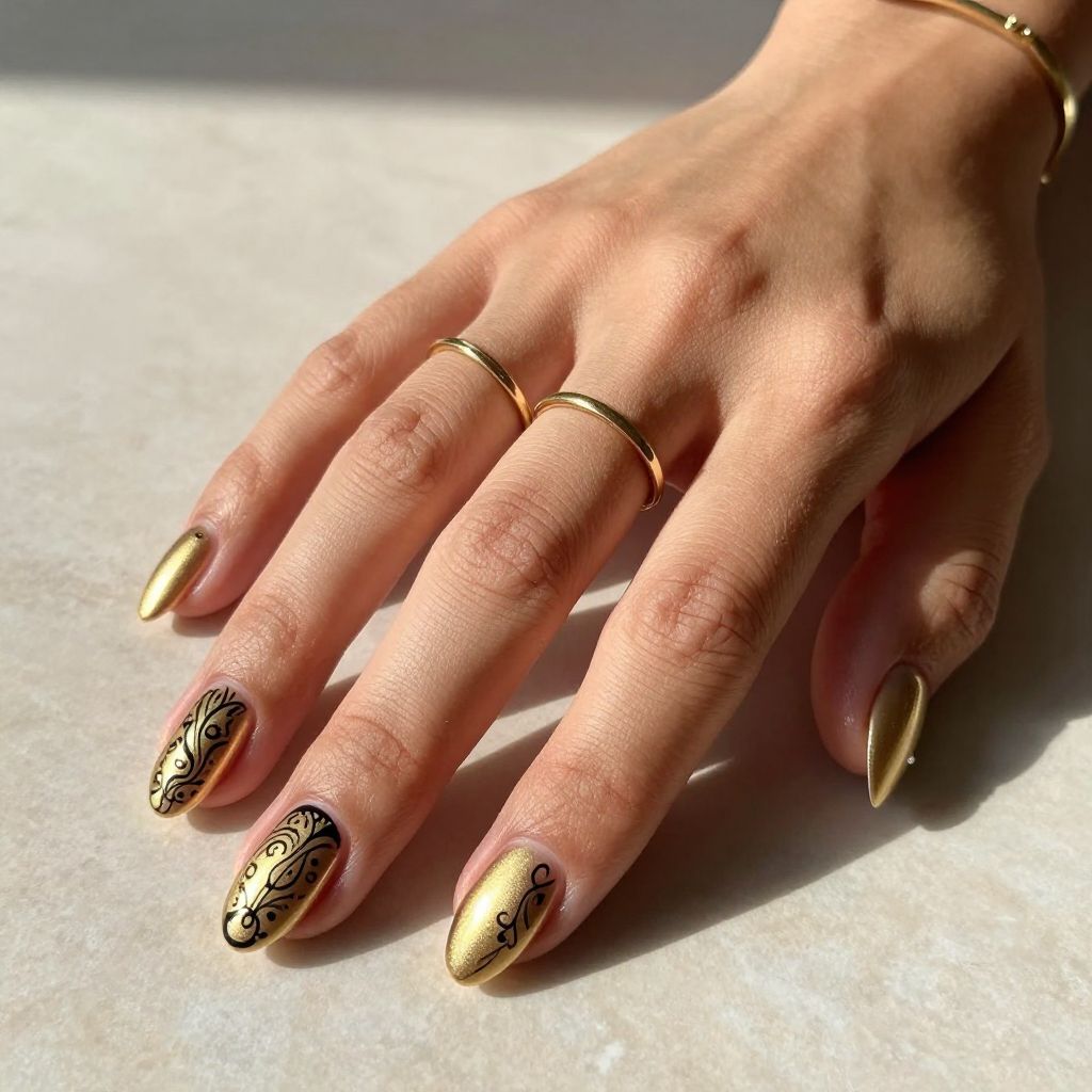 Metallic Gold Nails with Intricate Henna Inspired Designs