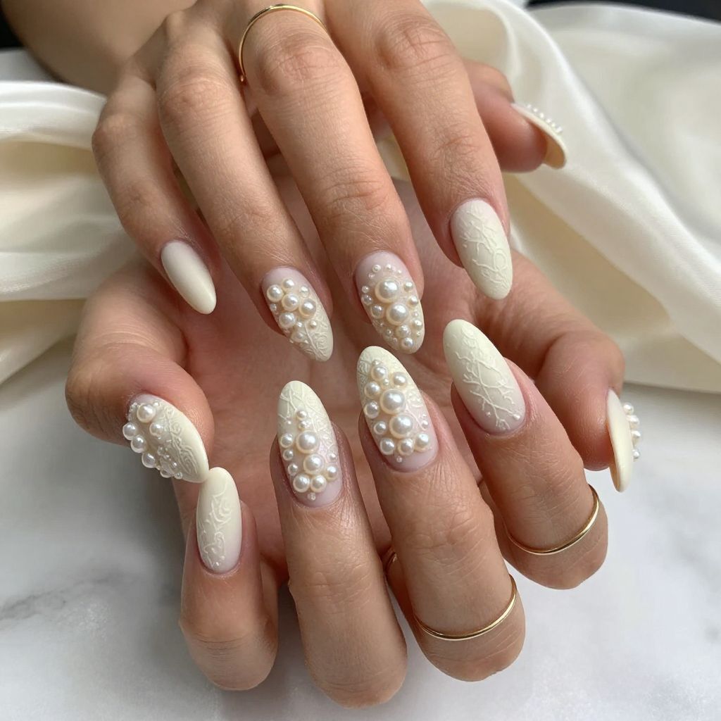 Lace and Pearl Bridal 3D Nails