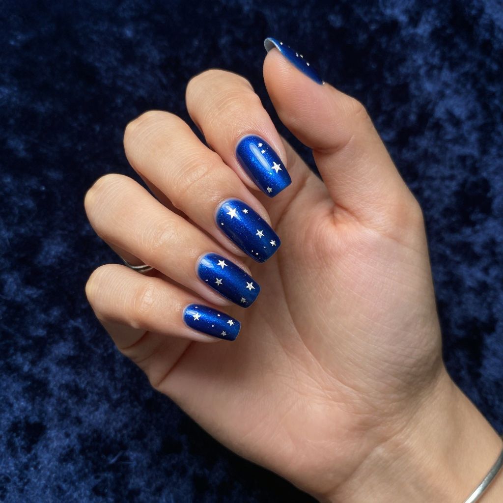 Magnetic blue velvet nails with silver star foil