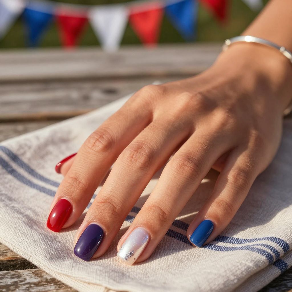 Red white and blue skittles nail design