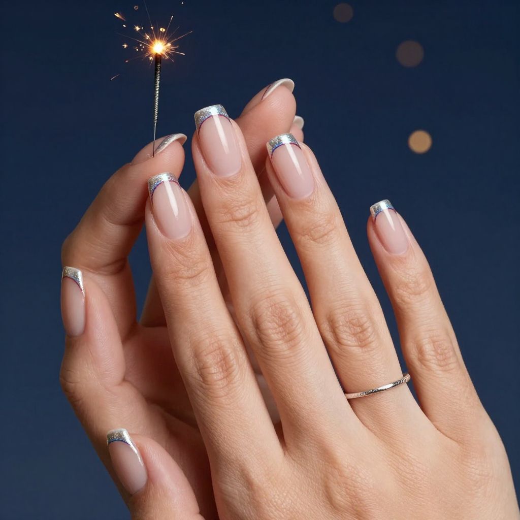 Silver holographic stripe French tip with red and blue