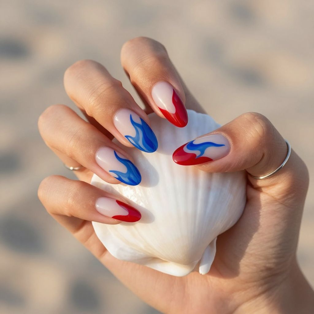 Watercolor red and blue swirls on milky white nails