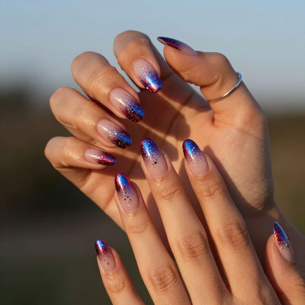 Red to blue foil fade coffin nails with silver shards