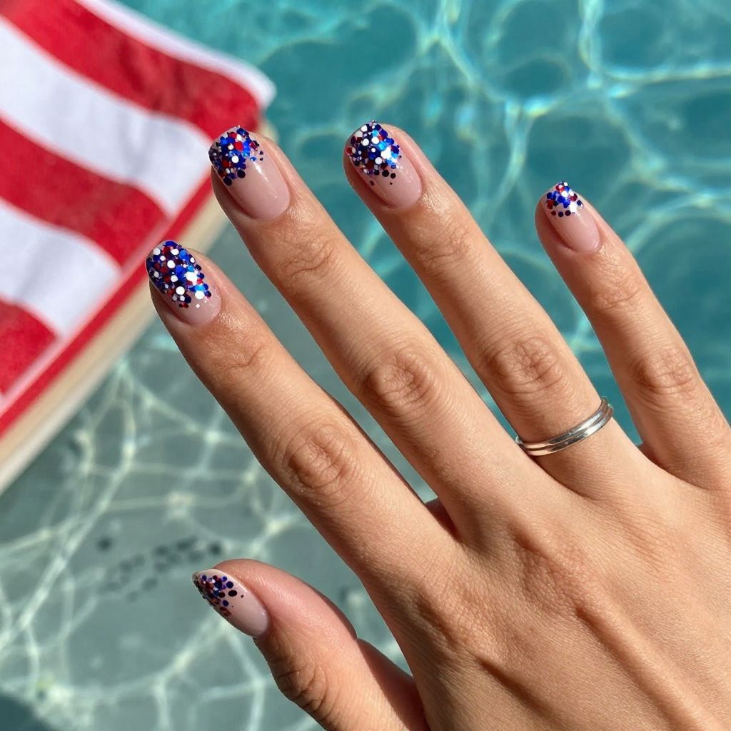 Red white and blue chunky glitter nails