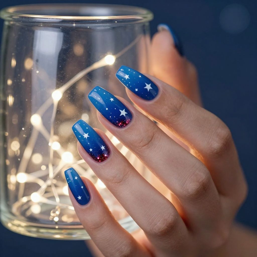 Cobalt jelly nails with white stars and red glitter tip
