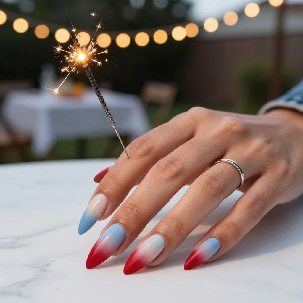 Blue to red ombre stiletto patriotic nails