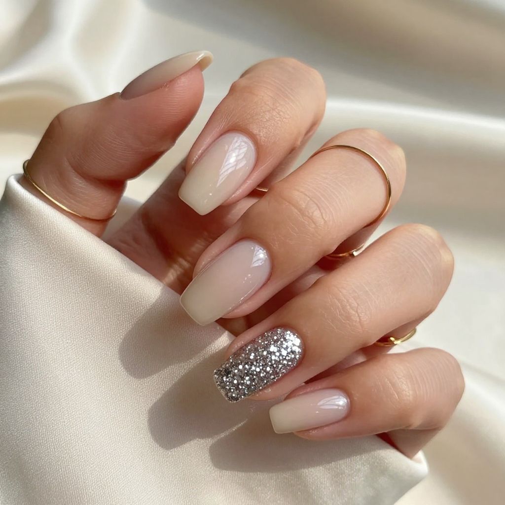 Sparkling silver ring finger accent nail with beige base