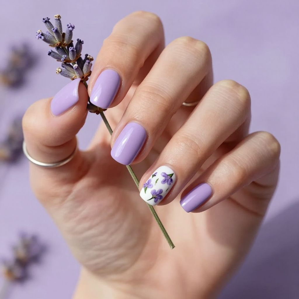 Lavender floral accent nail on ring finger