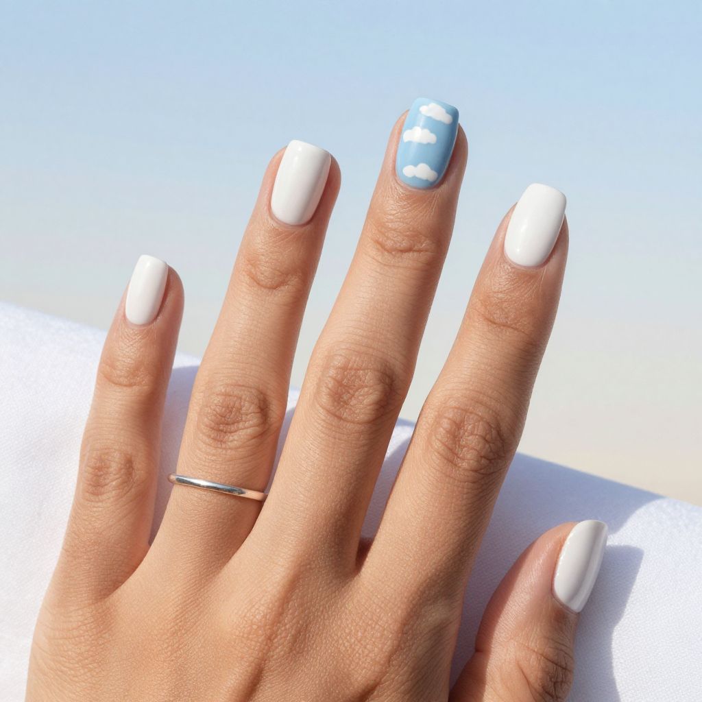 Pastel cloud accent nail over baby blue base