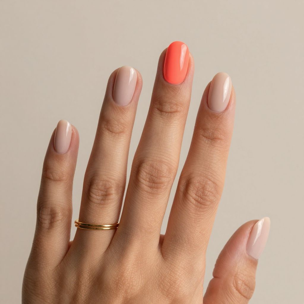 Neon index finger accent nail with nude base