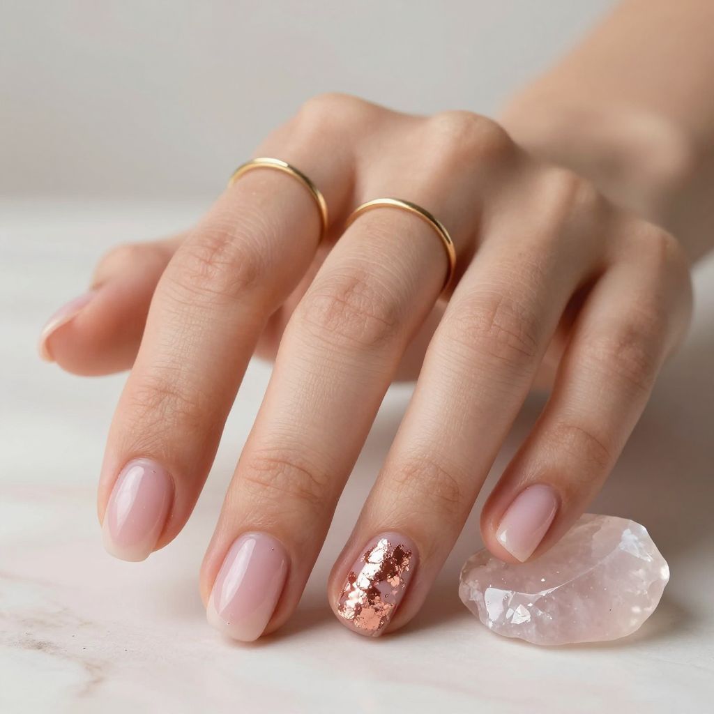 Rose gold foil accent nail on sheer pink base