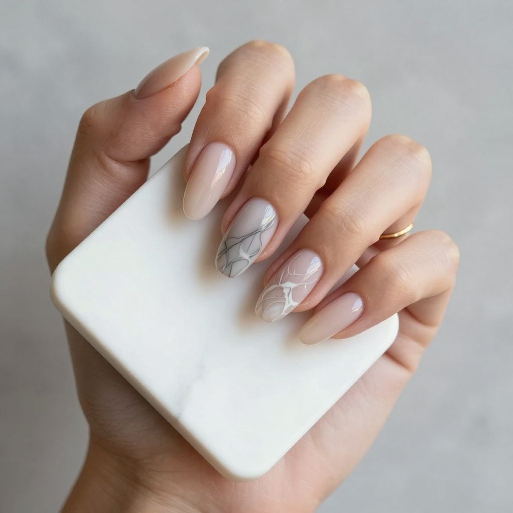 Grey and white marble accent nail design