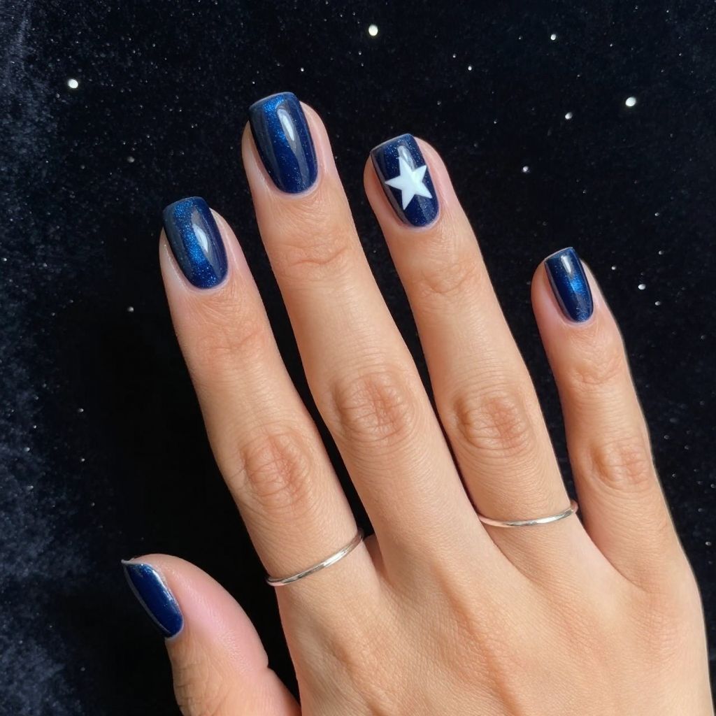 Negative space star accent nail with navy polish