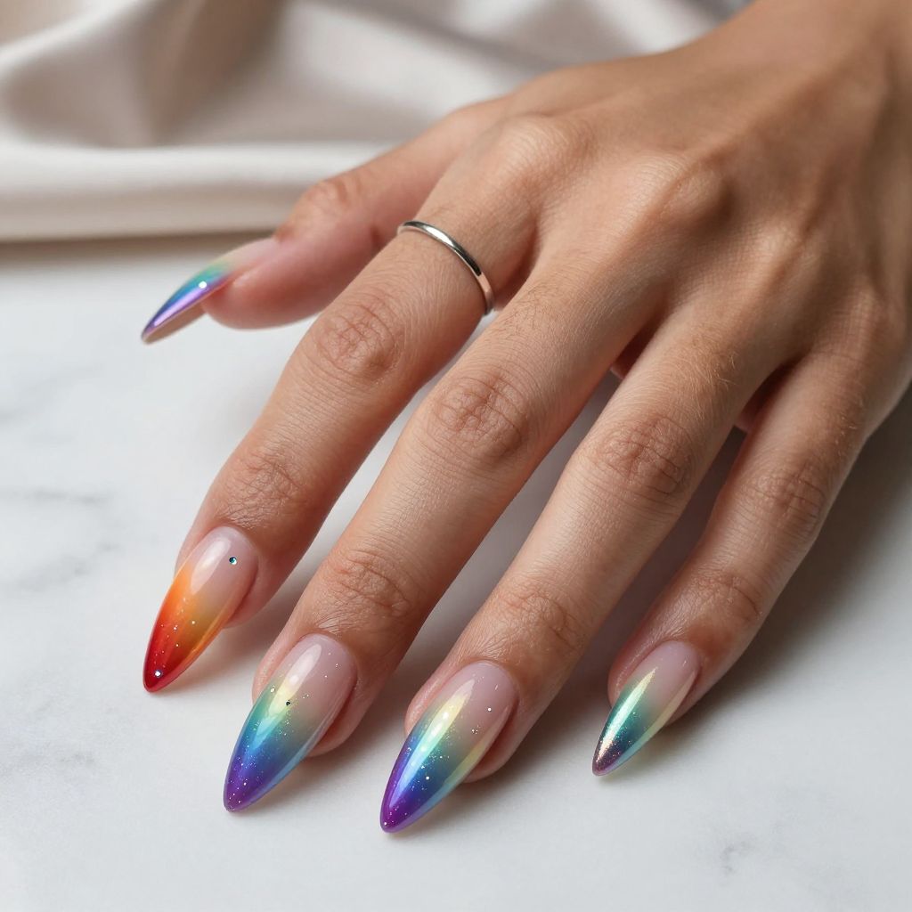 Holographic Rainbow Ombre Stiletto Nails
