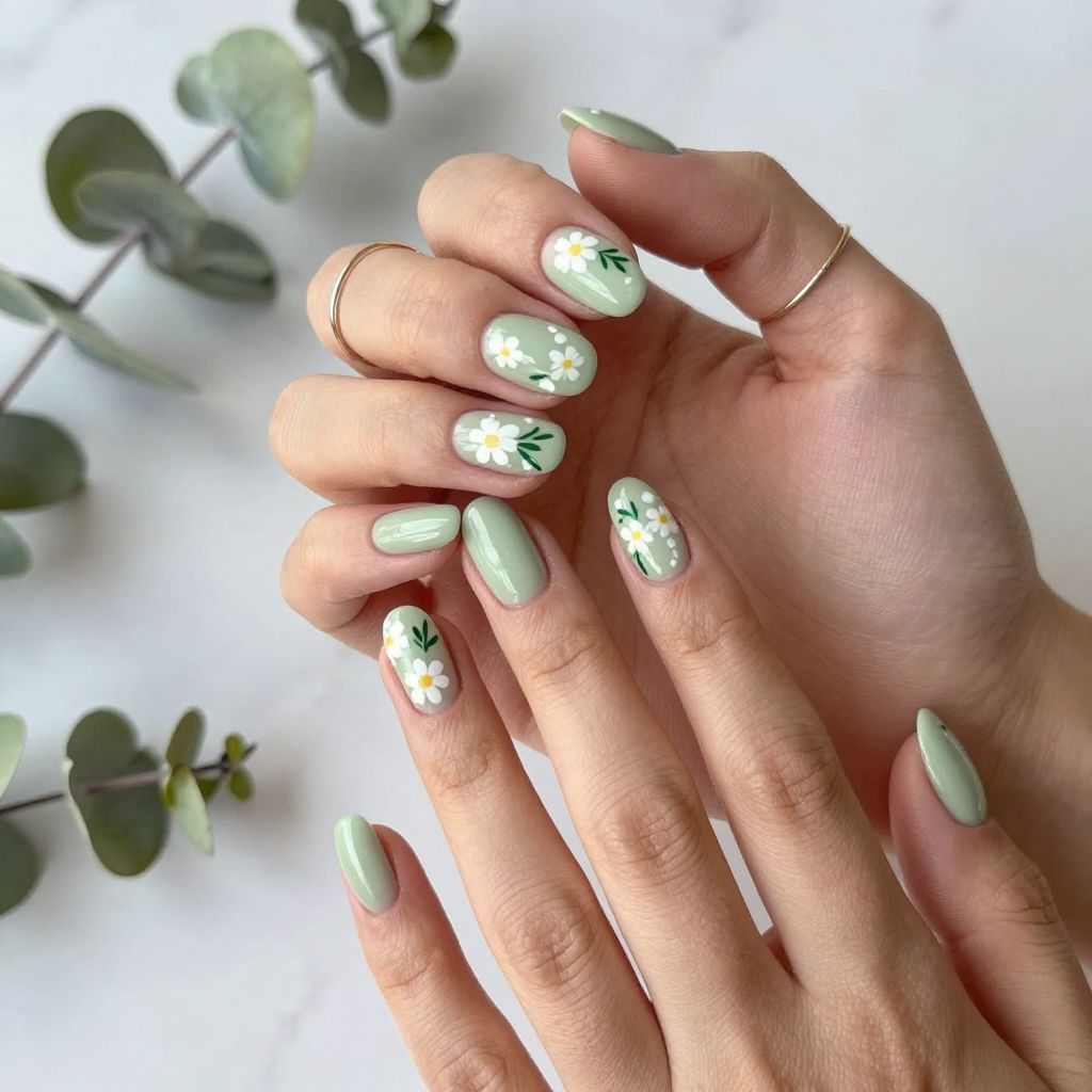 Soft Sage Green with White Florals