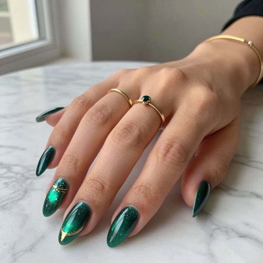 Deep Emerald Sparkle Ballerina Nails