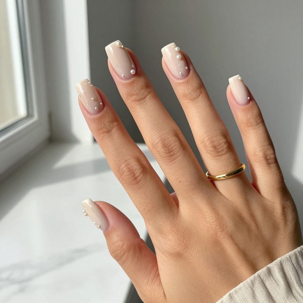 Glazed Donut Nude Nails with Pearl Accents