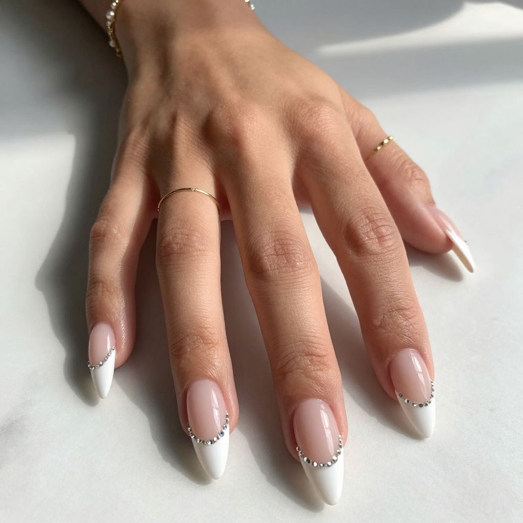 Soft Gloss French Tip Stiletto Nails with Rhinestones