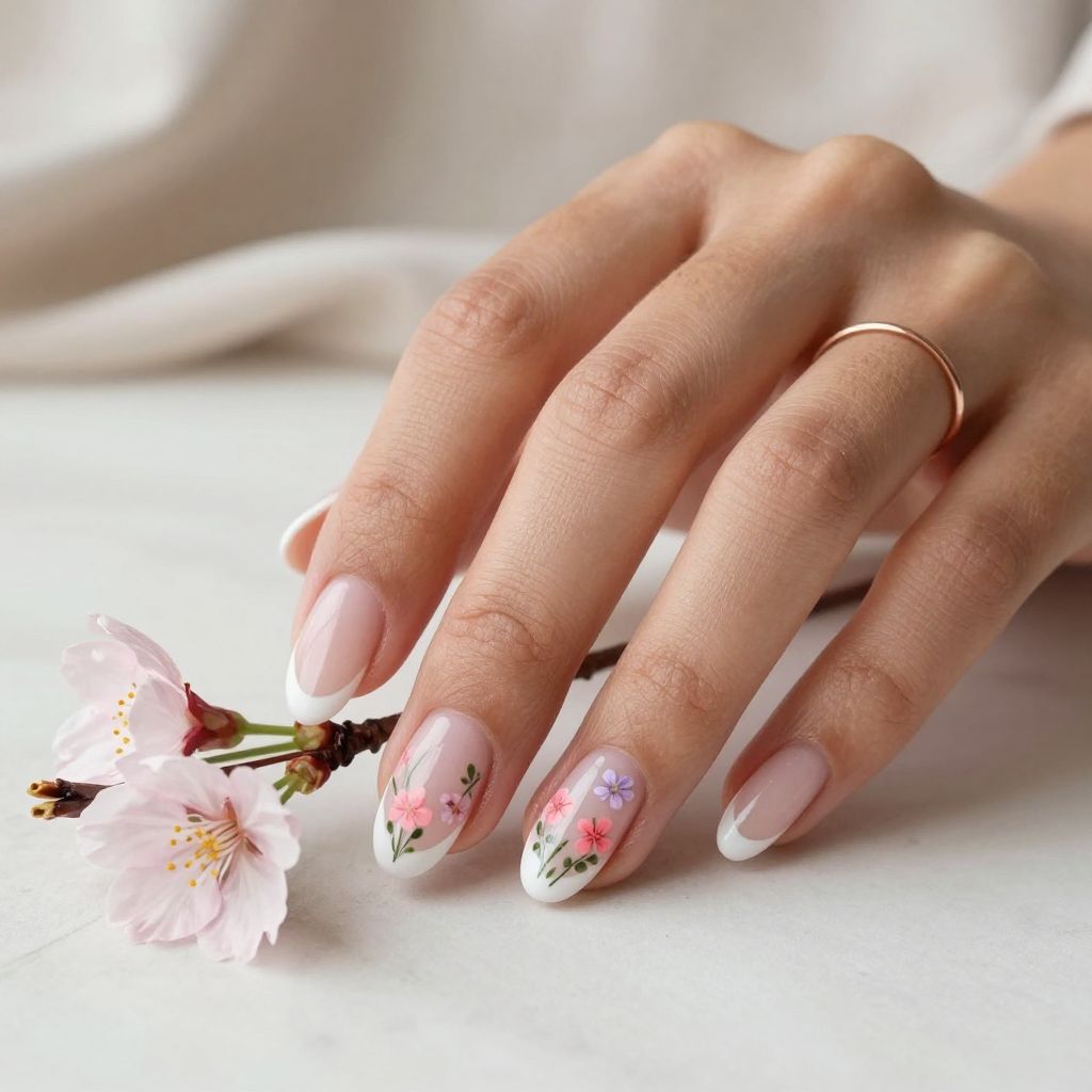 Delicate Floral French Tip Nails