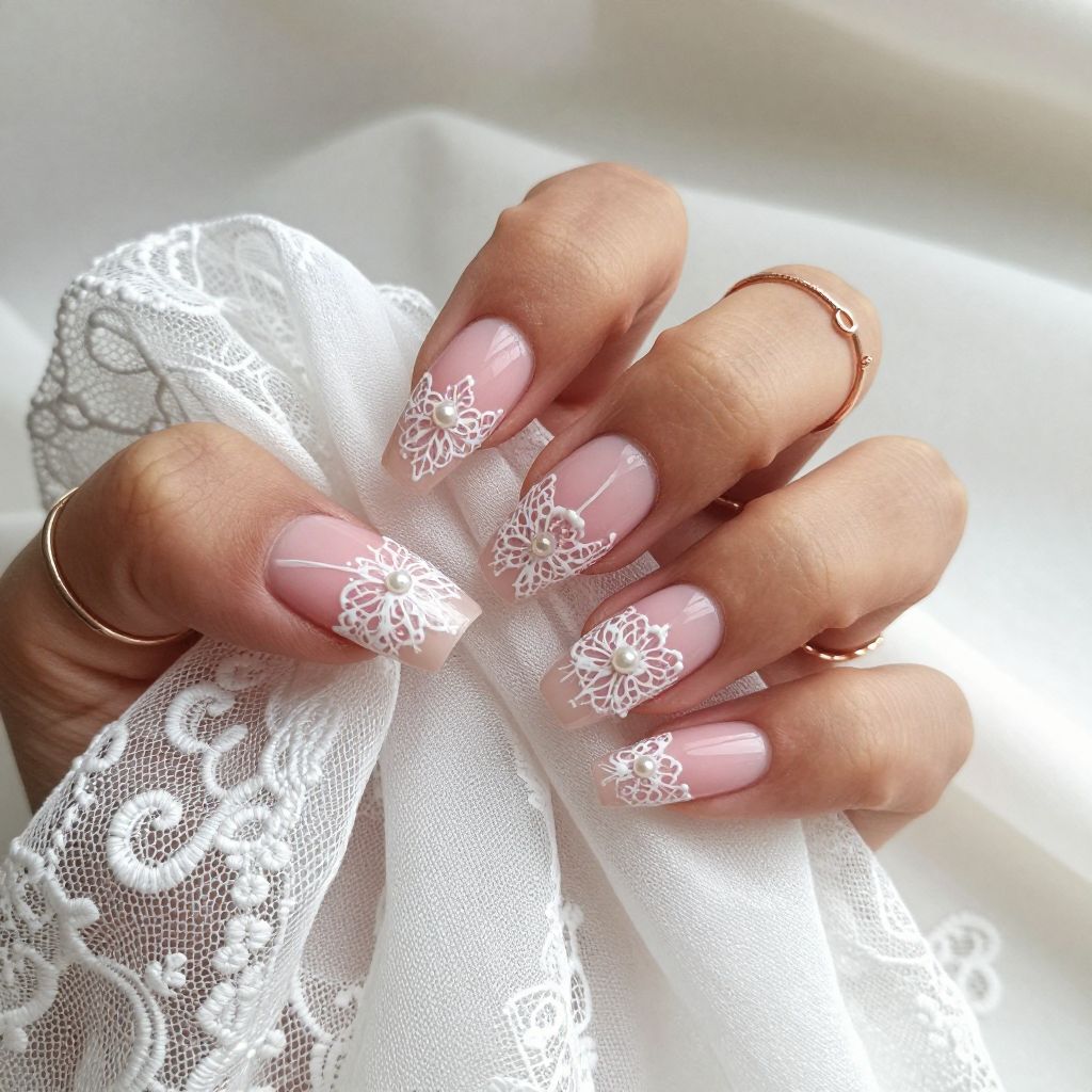 Pink Coffin Nails With White Lace Detail