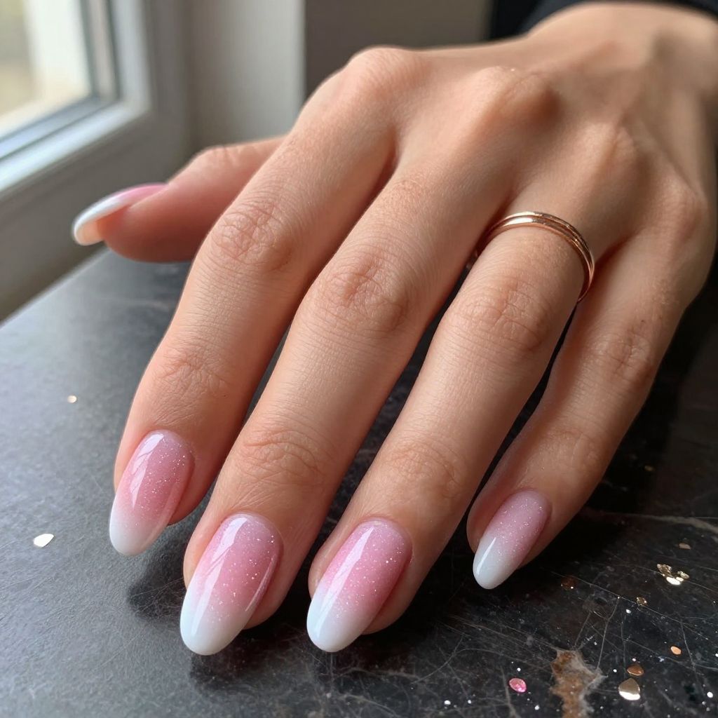 White Tip Coffin With Pink Glitter Fade
