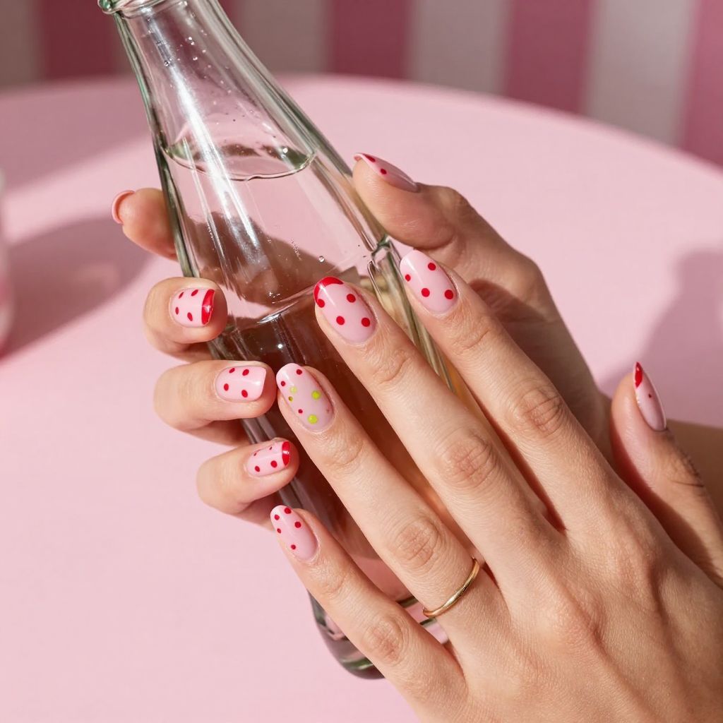 Cherry red pop art dot nails
