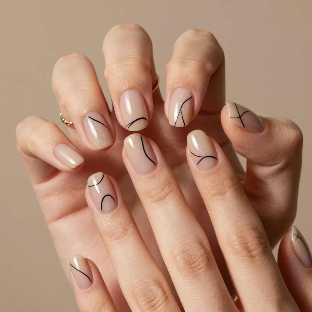 Minimal black line art nails