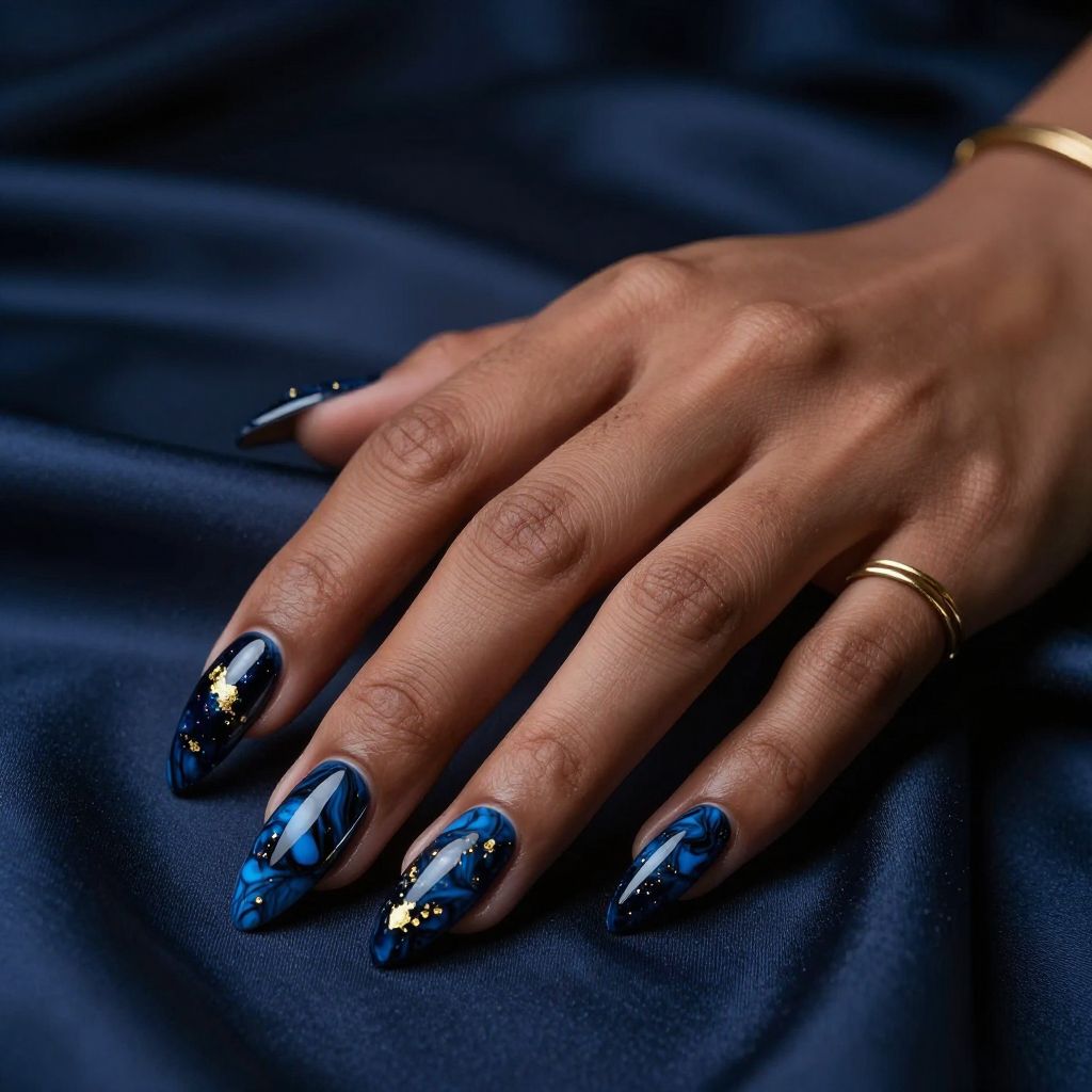 Gold leaf midnight marble nails