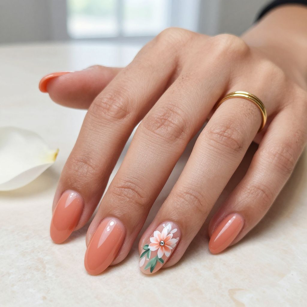 Coral Almond Nails with Floral Art