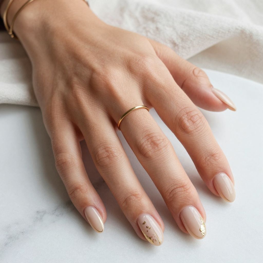 Clean Nude Almond Nails with Thin Gold Lines
