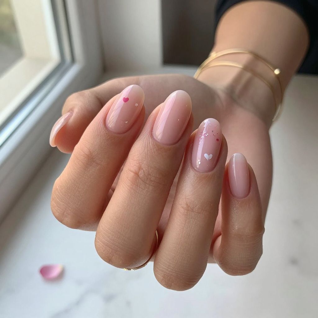 Blush Almond Nails with Tiny Hearts