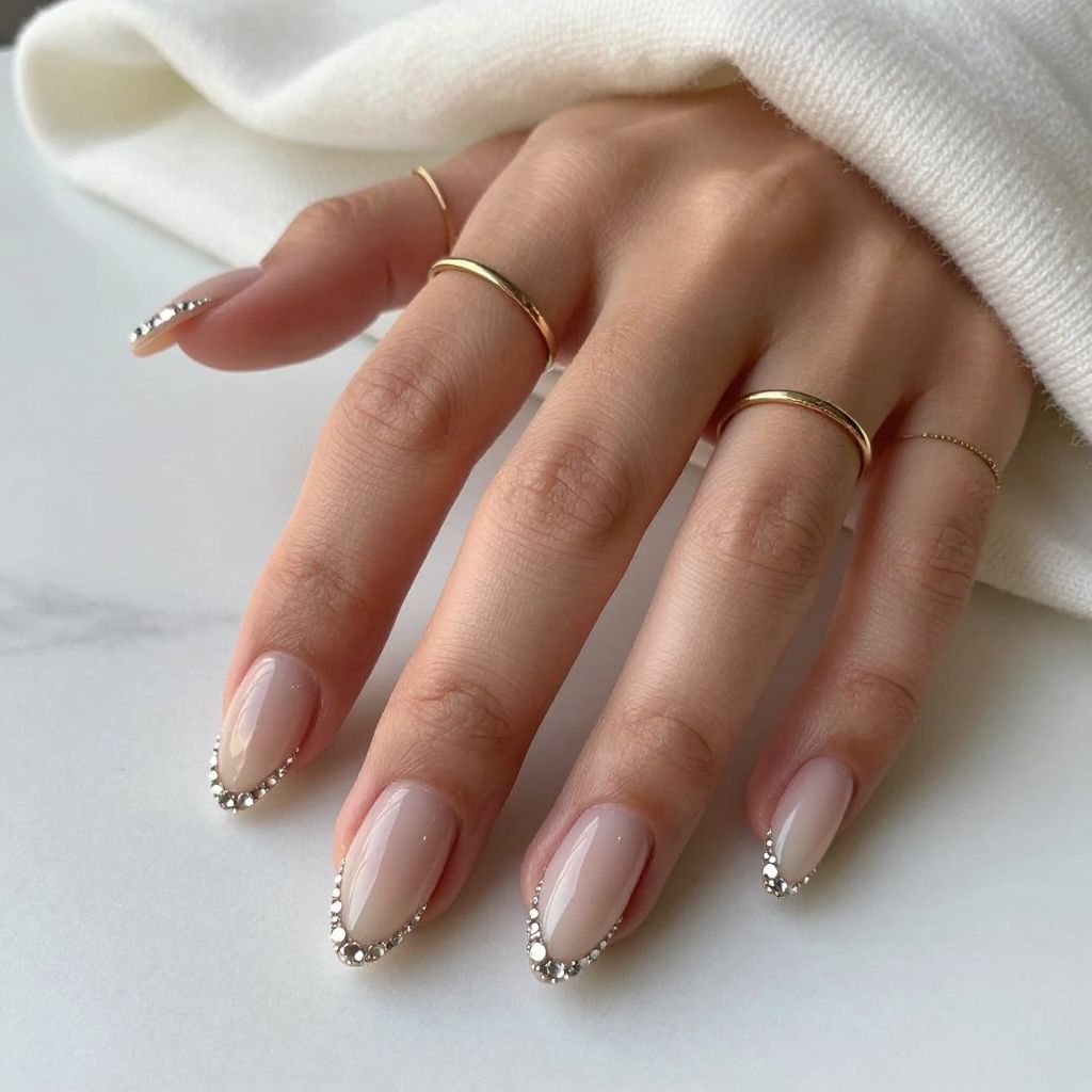 Nude Base With Ombré Rhinestone Tips