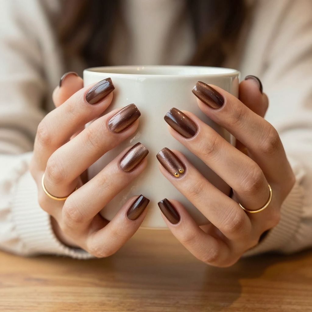 Velvet mocha almond nails with magnetic cat eye finish