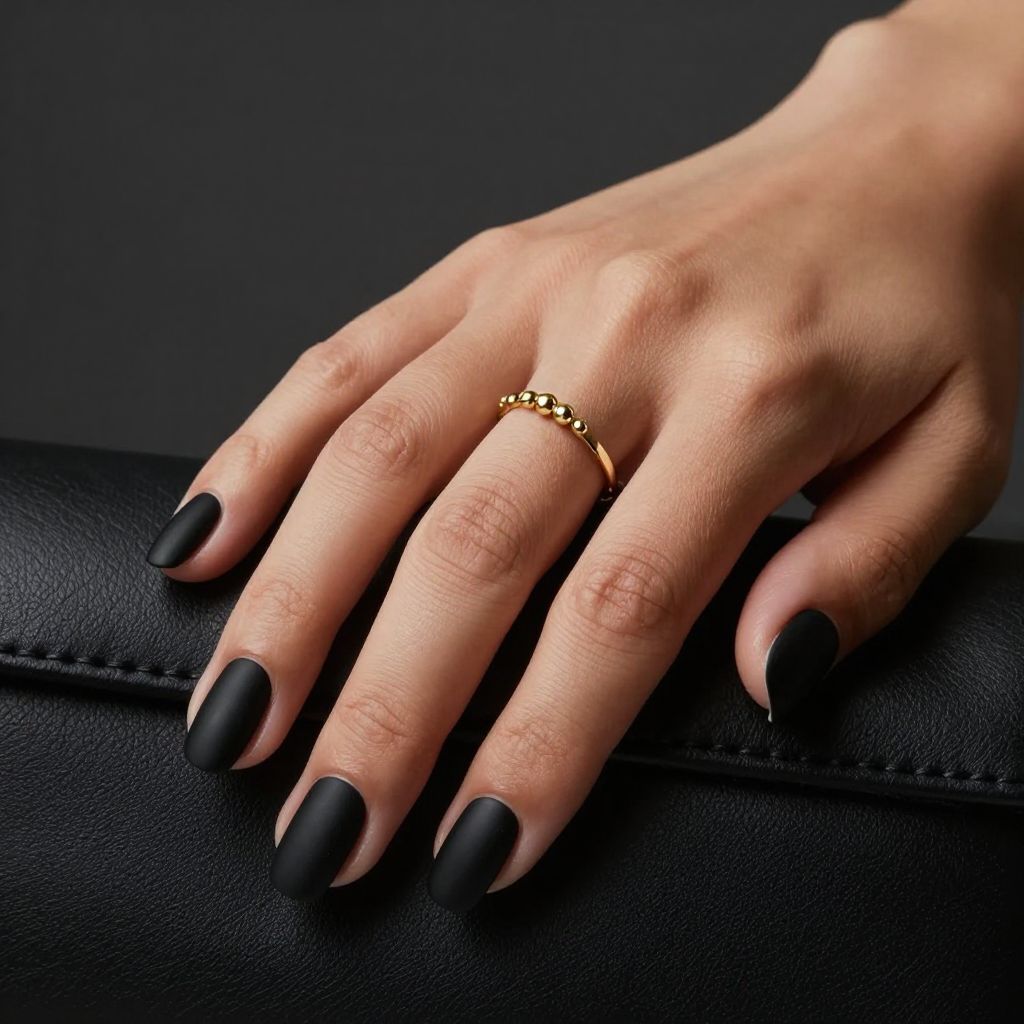 Matte black almond nails with gold caviar beads