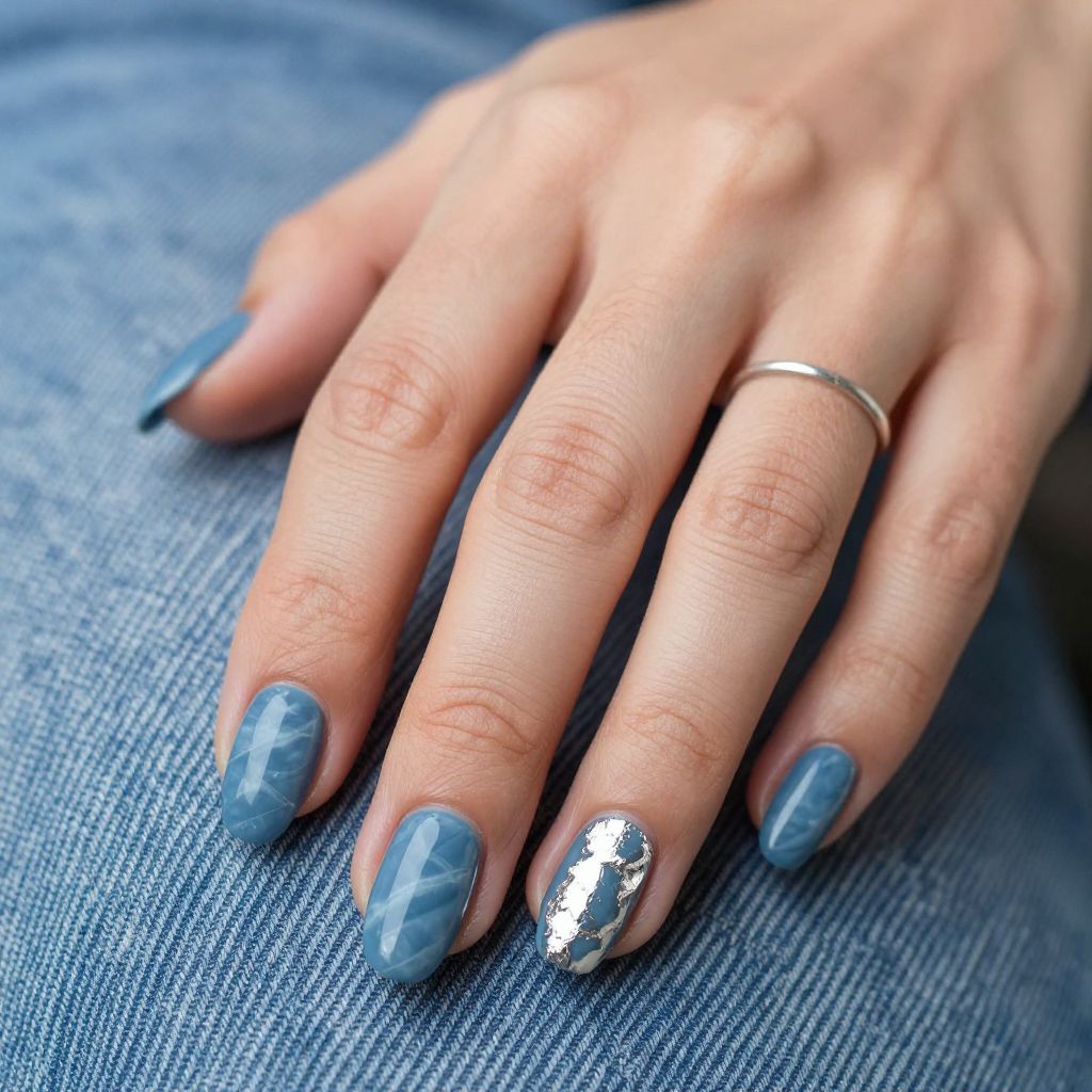 Denim blue almond nails with white marble streaks