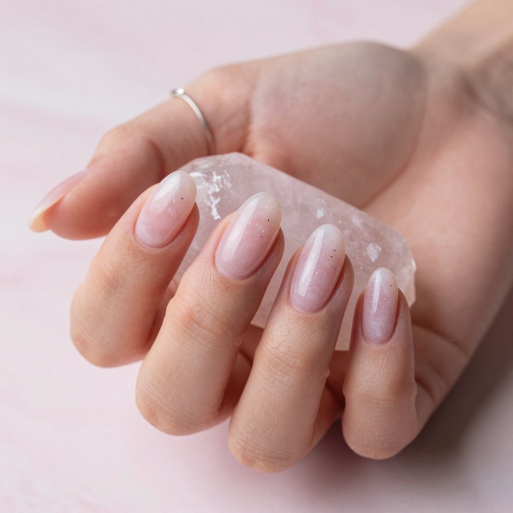 Pale pink almond nails with rose quartz effect