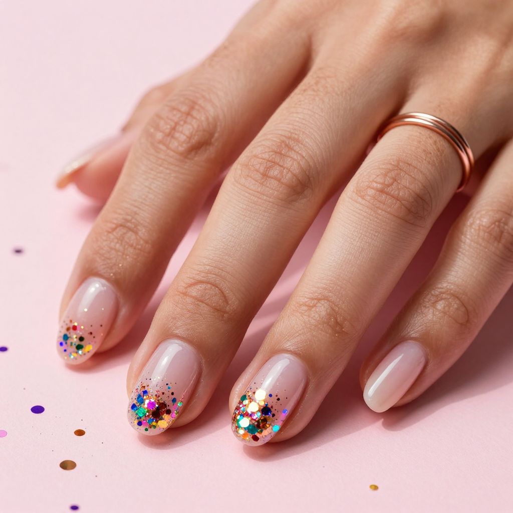 Clear almond nails with multicolor confetti glitter